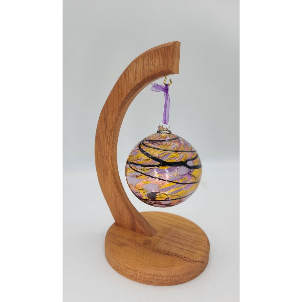 Blown Art Glass Purple Witch/Friendship Ball Handmade Oak Wood Hanging Stand 9.5
